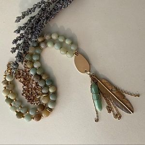 Beautiful Mala Ammonite Necklace with Feather and Wrapped Amazonite Gemstone